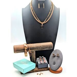 Lot of Two Necklaces Two Bracelets & Three Pair Earrings Rose Tone Metal